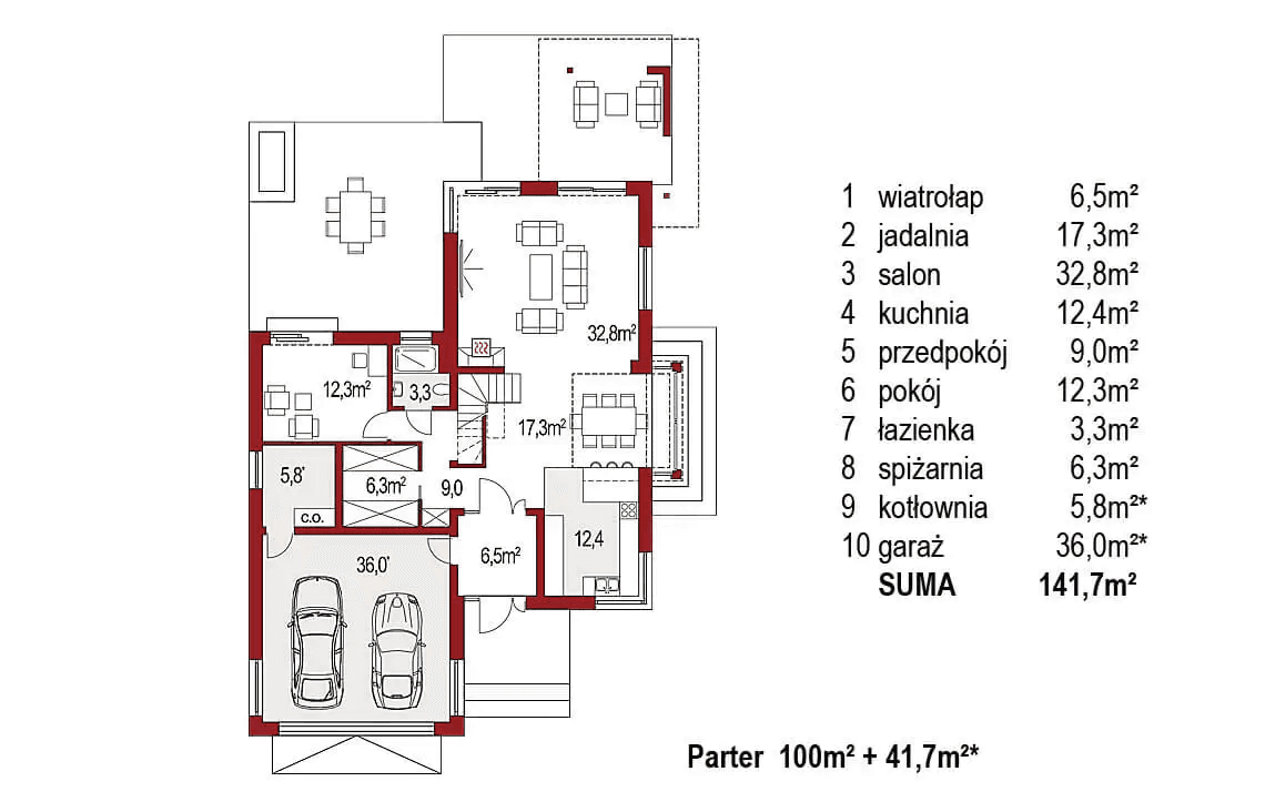 Rzut parteru projektu domu jednorodzinnego Carmen Magdalena Lux