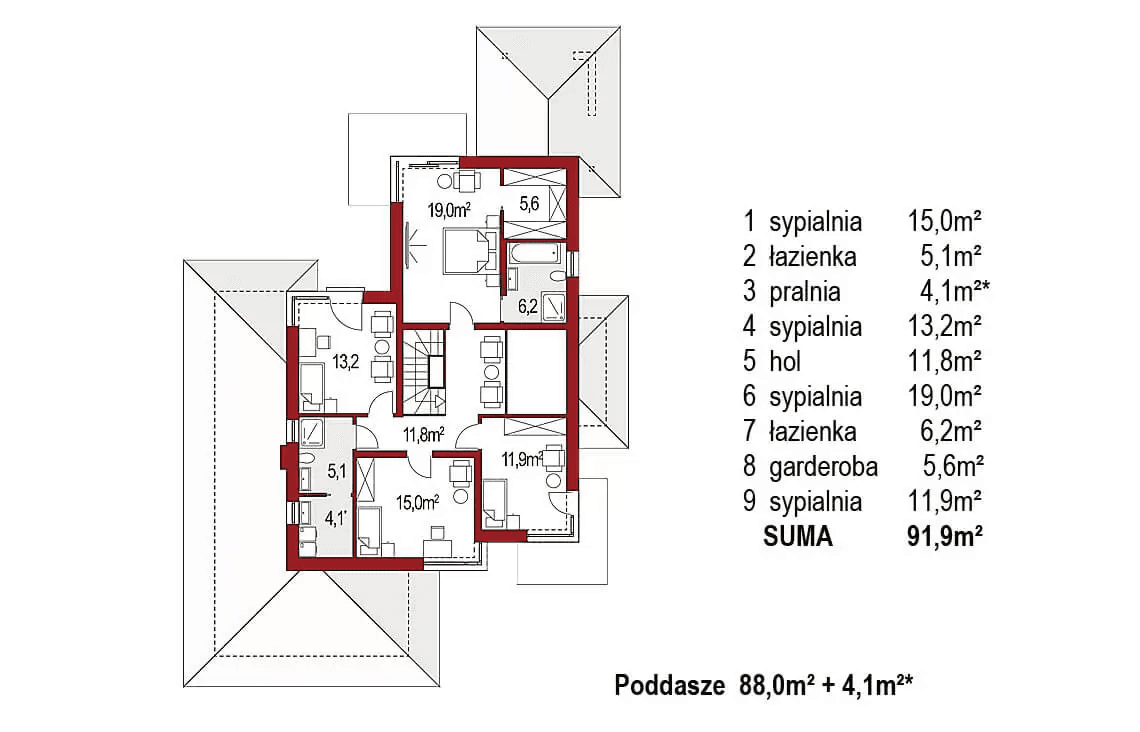 Rzut piętra projektu domu jednorodzinnego Carmen Magdalena Lux