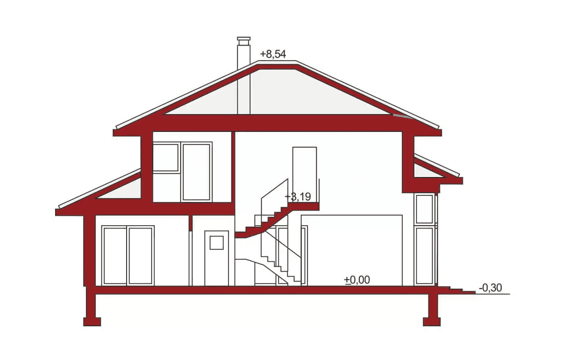 Przekrój projektu domu jednorodzinnego Carmen Magdalena Optima A