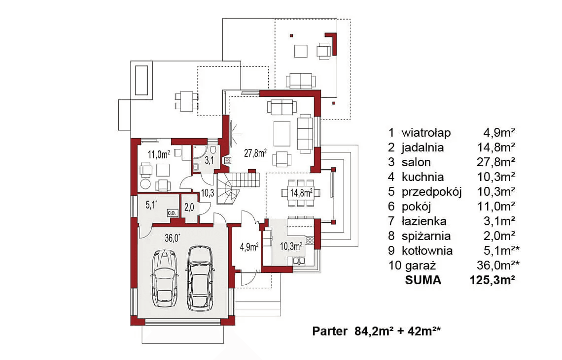Rzut parteru projektu domu jednorodzinnego Carmen Magdalena Optima A