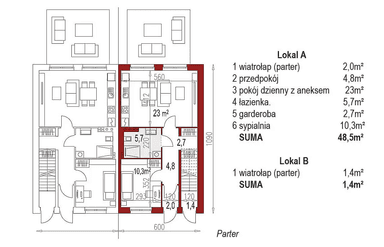 Rzut pierwszej kondygnacji w projekcie Duo 48+82 jednorodzinny dwulokalowy