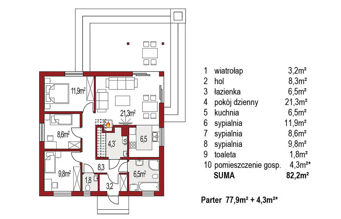 Rzut parteru domu jednorodzinnego Abi A