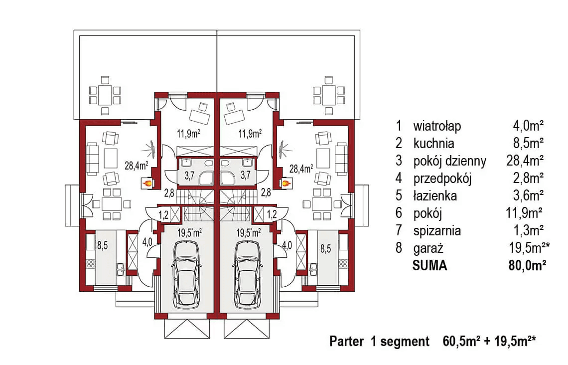 Rzut parteru projektu domu jednorodzinnego Adam bliźniak