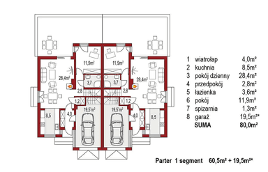 Rzut parteru projektu domu jednorodzinnego Adam bliźniak