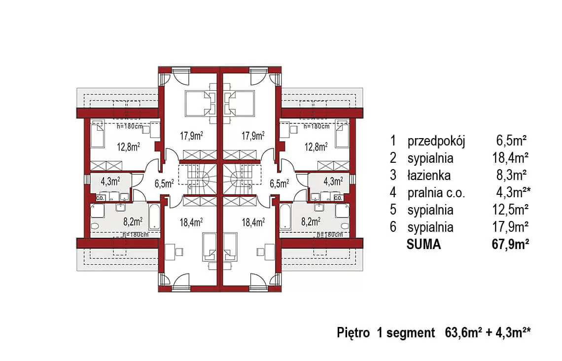 Rzut piętra projektu domu jednorodzinnego Adam bliźniak