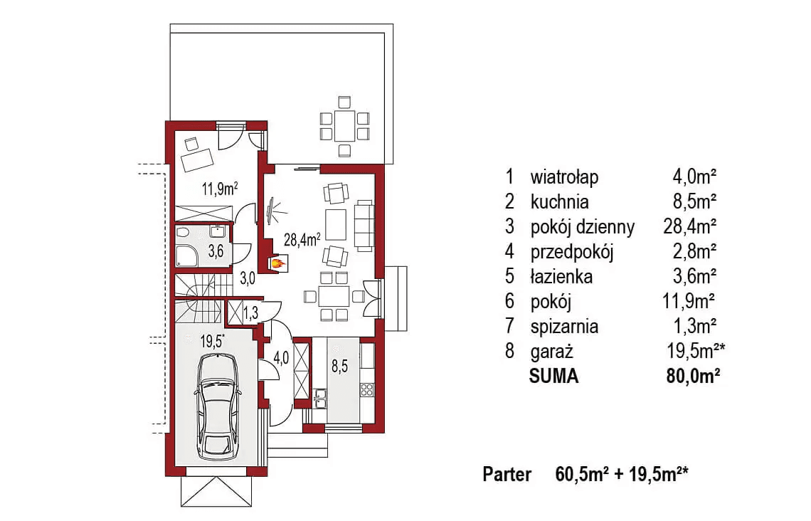 Rzut parteru projektu domu Adam segment prawy