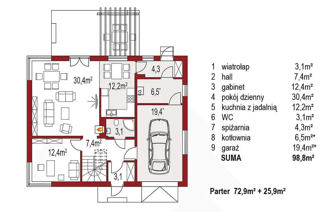 Rzut parteru domu jednorodzinnego Amber A