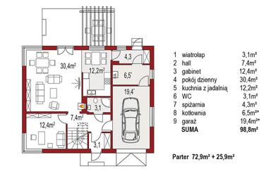 Rzut parteru domu jednorodzinnego Amber A