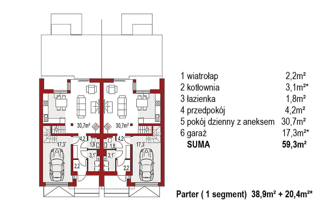 Rzut parteru projektu domu Andrea B dwurodzinny (jednorodzinny dwulokalowy)