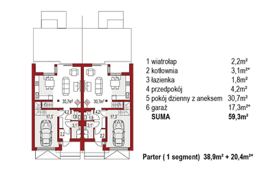 Rzut parteru projektu domu Andrea B dwurodzinny (jednorodzinny dwulokalowy)