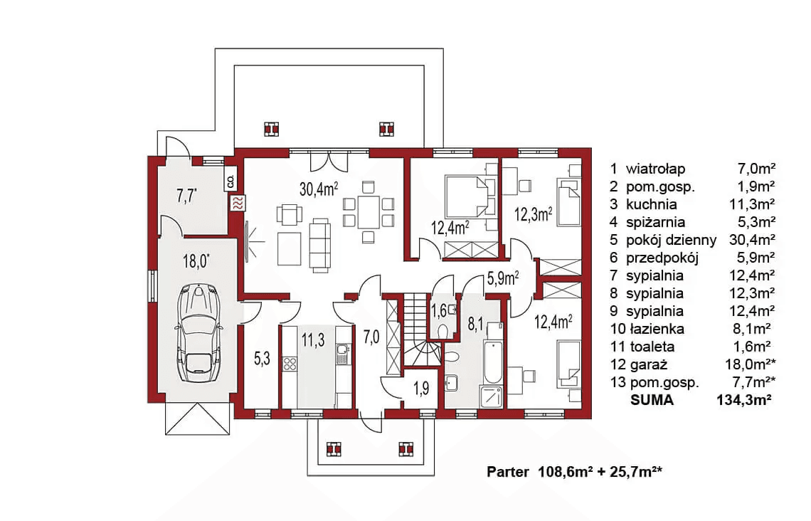 Rzut parteru domu jednorodzinnego Anita A