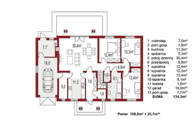 Rzut parteru domu jednorodzinnego Anita A