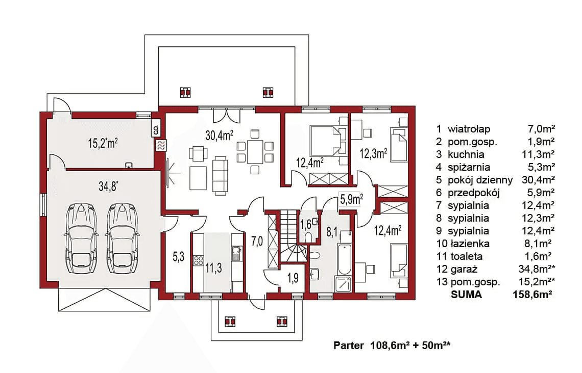 Rzut parteru domu jednorodzinnego Anita B