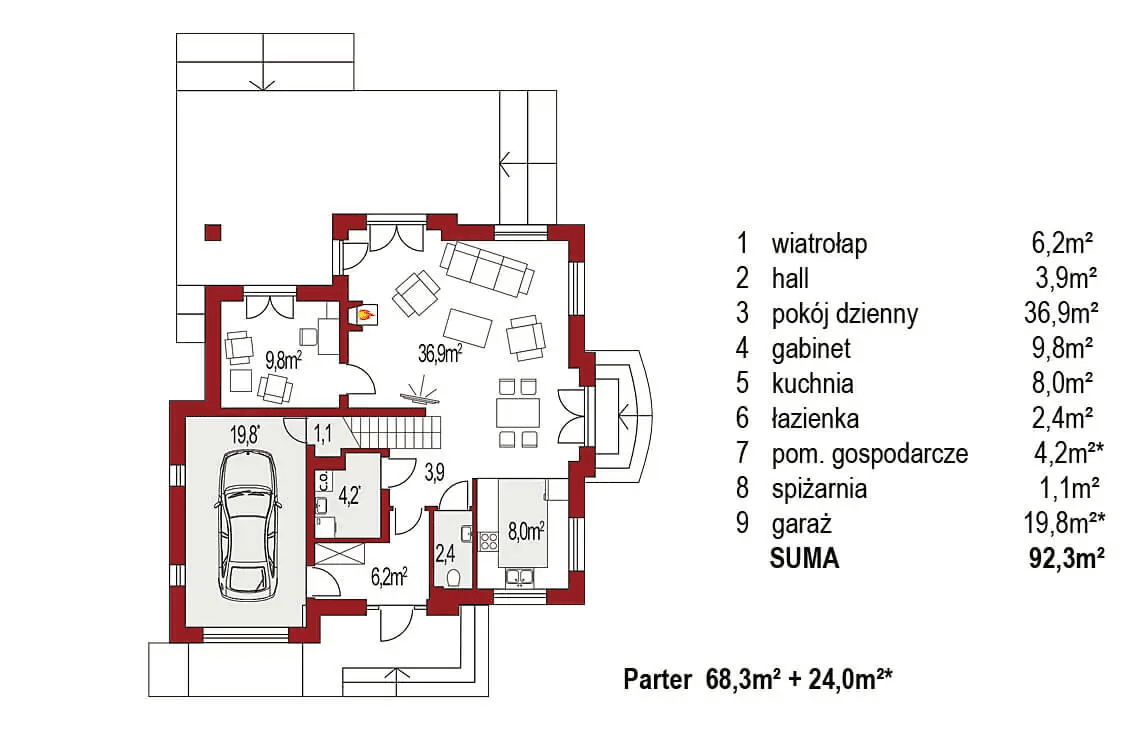 Rzut parteru domu jednorodzinnego Aramis A