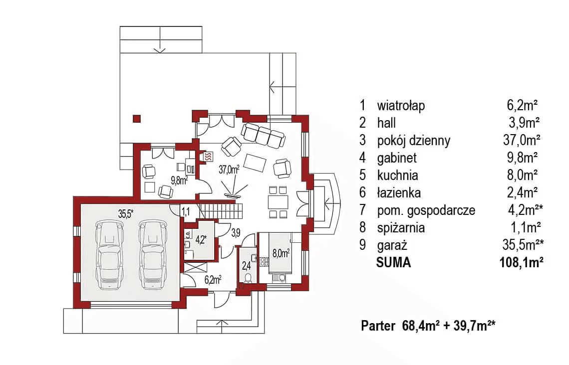 Rzut parteru domu jednorodzinnego Aramis B