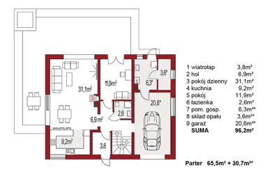 Rzut parteru domu jednorodzinnego Atos A