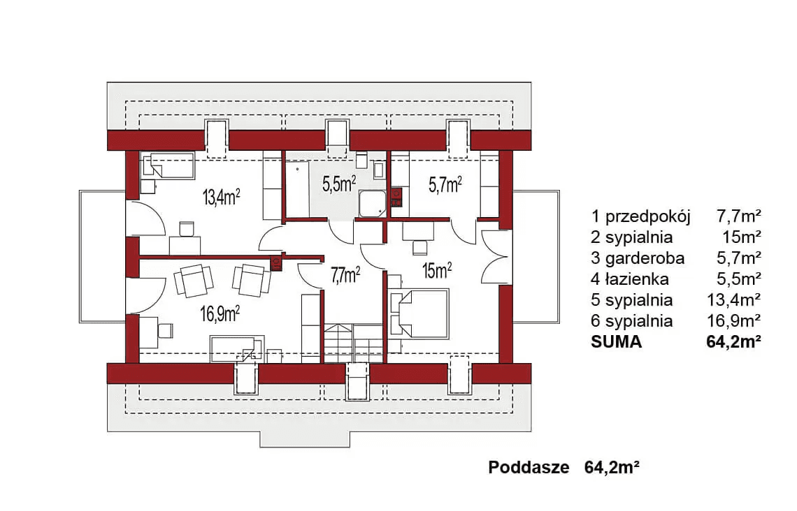 Rzut poddasza domu jednorodzinnego Atos A