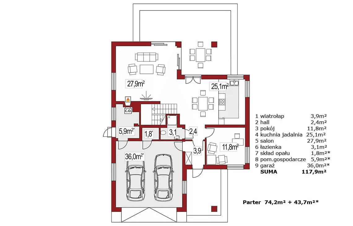 Rzut parteru domu jednorodzinnego Atu A