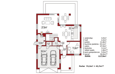 Rzut parteru domu jednorodzinnego Atu A
