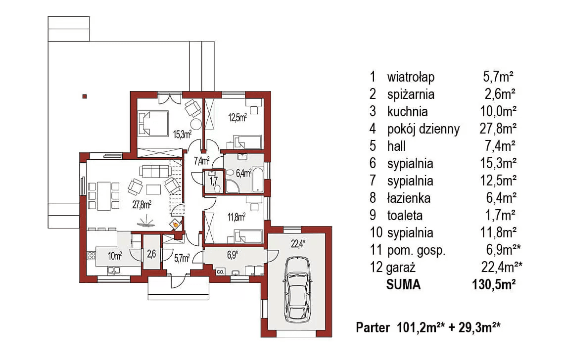 Rzut parteru domu jednorodzinnego Bella B
