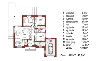 Rzut parteru domu jednorodzinnego Bella B