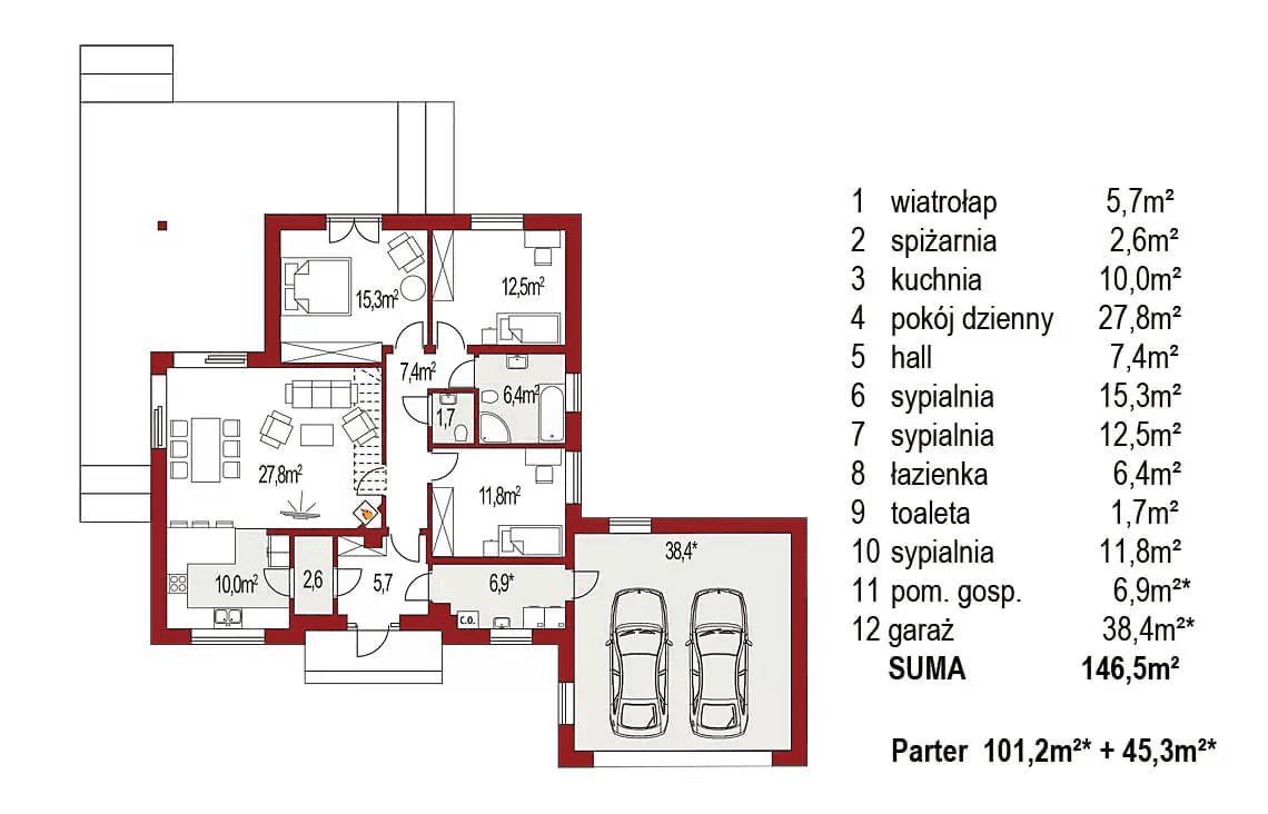 Rzut parteru domu jednorodzinnego Bella C