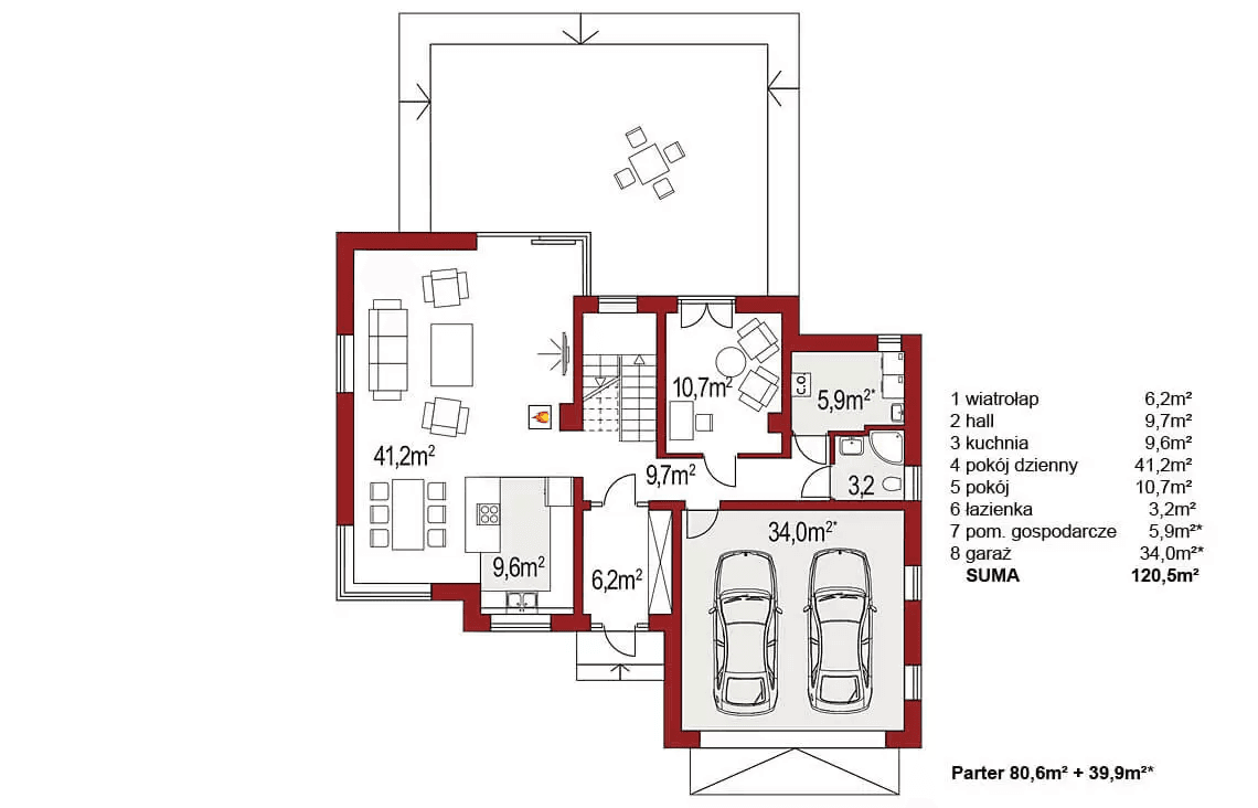 Rzut parteru domu jednorodzinnego Boss A 25 stopni