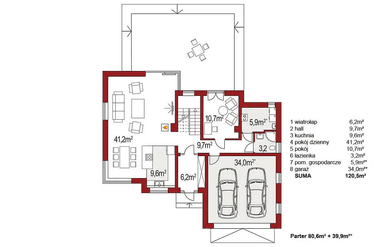 Rzut parteru domu jednorodzinnego Boss A