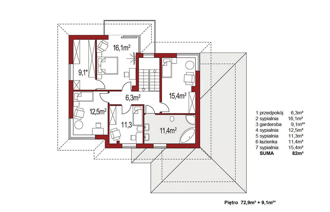 Rzut piętra projektu domu jednorodzinnego Boss B