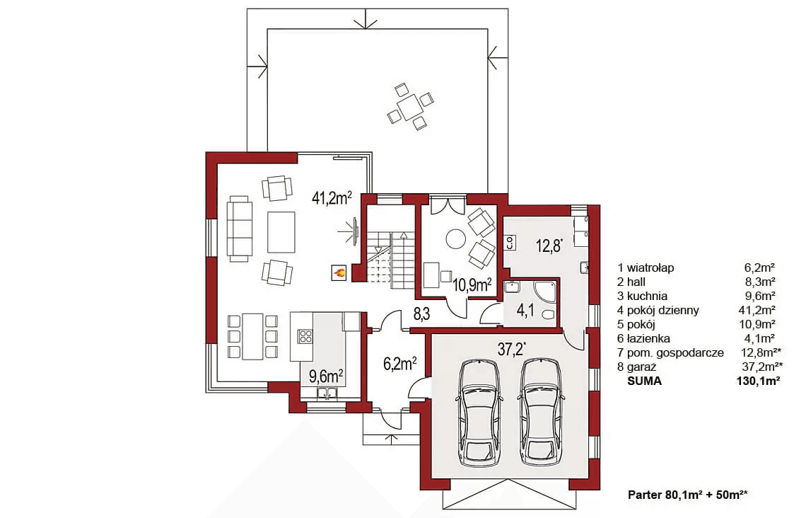 Rzut parteru domu jednorodzinnego Boss B2 poszerzony