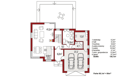 Rzut parteru domu jednorodzinnego Boss B2 poszerzony
