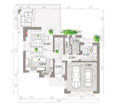 Rzut projektu domu Boss Bravo duży garaż dwustanowiskowy