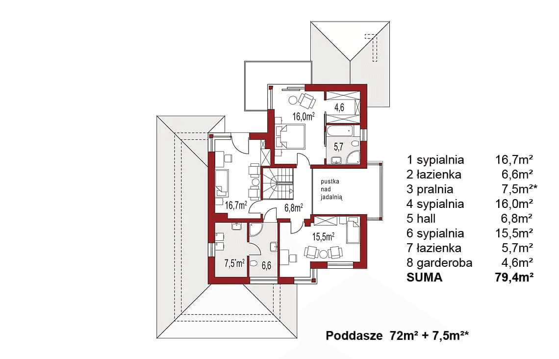 Rzut piętra domu Carmen Magdalena A 30 stopni strop monolityczny
