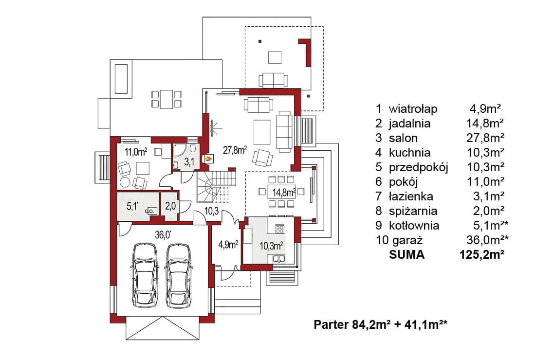 Rzut parteru projektu domu jednorodzinnego Carmen Magdalena A