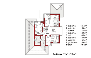 Rzut poddasza projektu domu jednorodzinnego Carmen Magdalena A-strop monolityczny