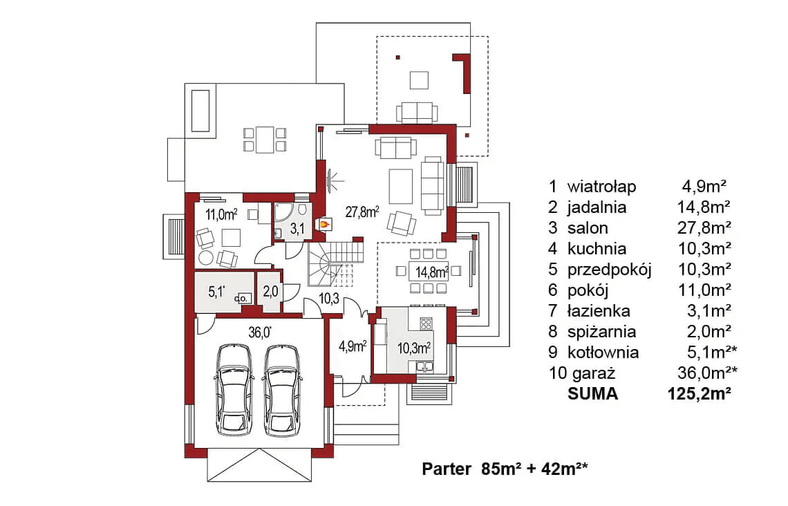 Rzut parteru projektu domu jednorodzinnego Carmen Magdalena A - strop monolityczny
