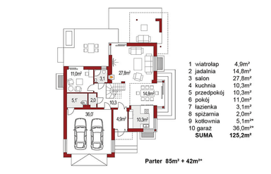 Rzut parteru projektu domu jednorodzinnego Carmen Magdalena A - strop monolityczny
