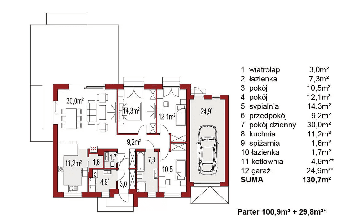 Rzut parteru projektu domu jednorodzinnego Diament A