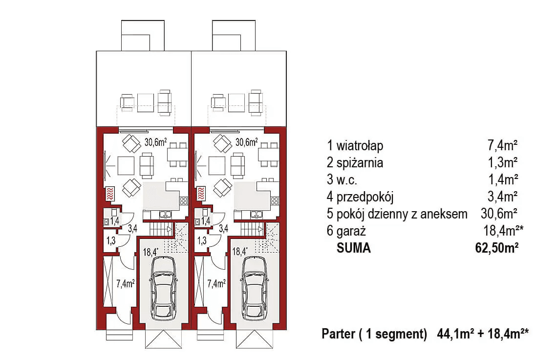 Rzut parteru projektu domu jednorodzinnego Diana 2 bliźniak