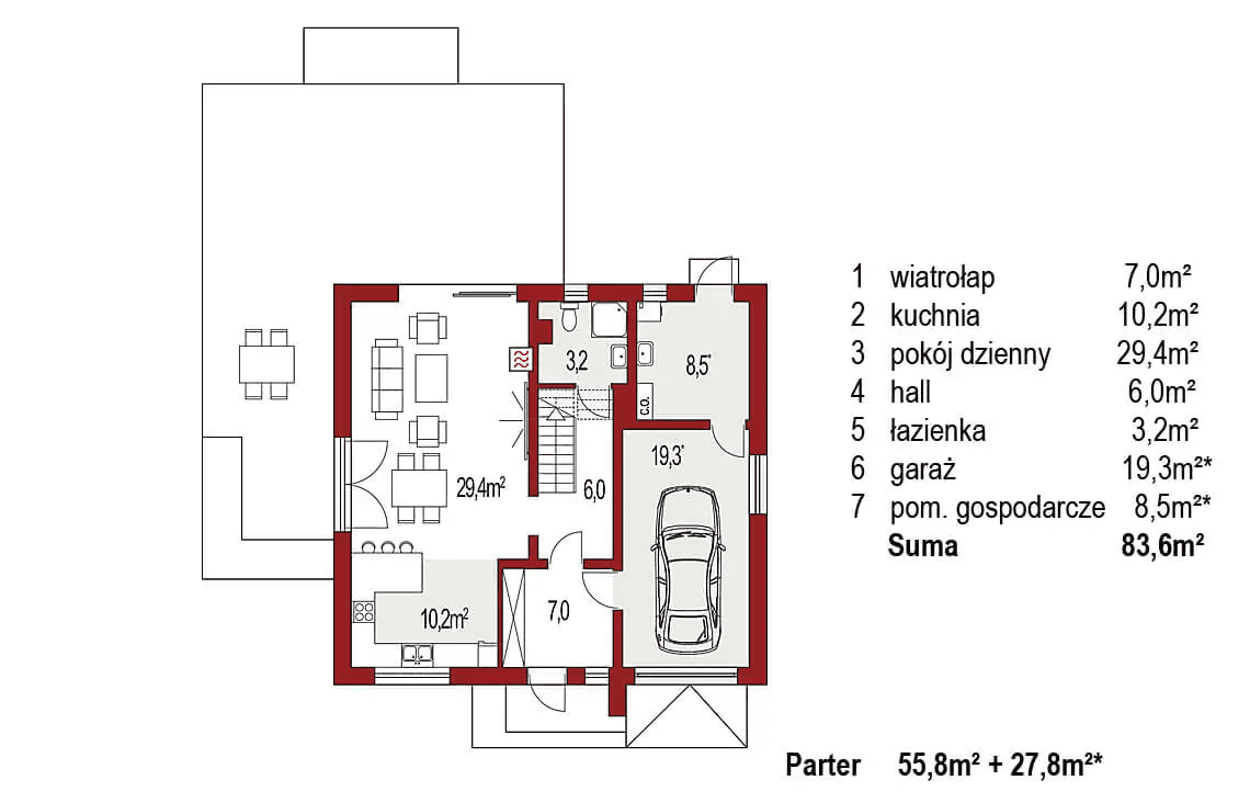 Rzut parteru domu jednorodzinnego Harmonia Nova A strop monolityczny