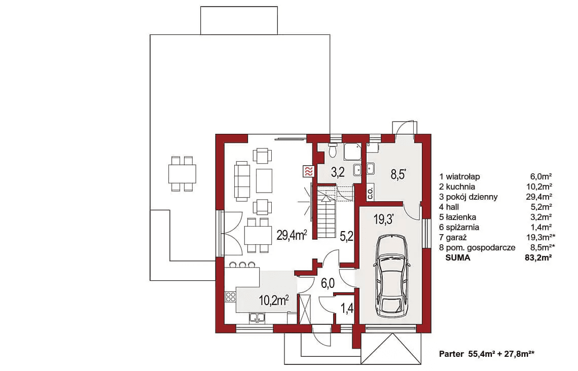 Rzut parteru domu jednorodzinnego Harmonia Nova A wersja Ytong