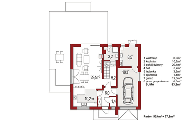 Rzut parteru domu jednorodzinnego Harmonia Nova A wersja Ytong