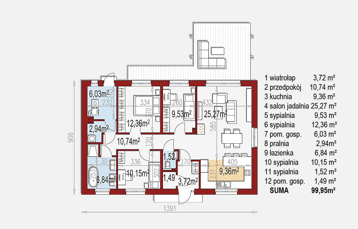 Rzut parteru domu jednorodzinnego Inez 100