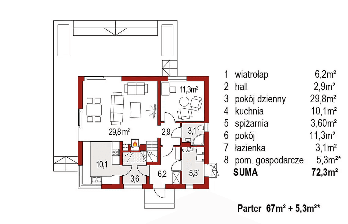 Rzut parteru domu jednorodzinnego Jantar A