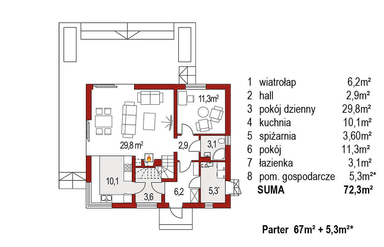 Rzut parteru domu jednorodzinnego Jantar A