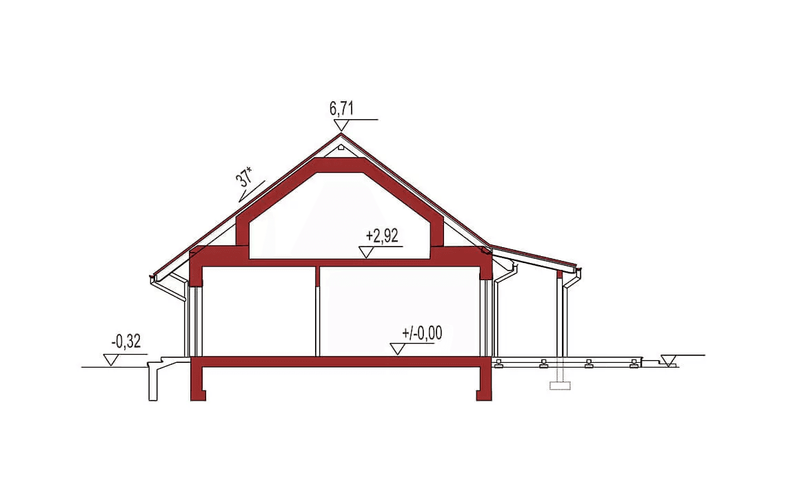 Przekrój projektu domu Nina 2 Nova D 37 Plus strop monolityczny