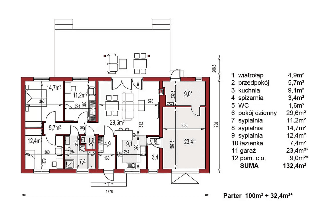 Rzut parteru domu jednorodzinnego Nina 2 Nova D 37 strop monolityczny