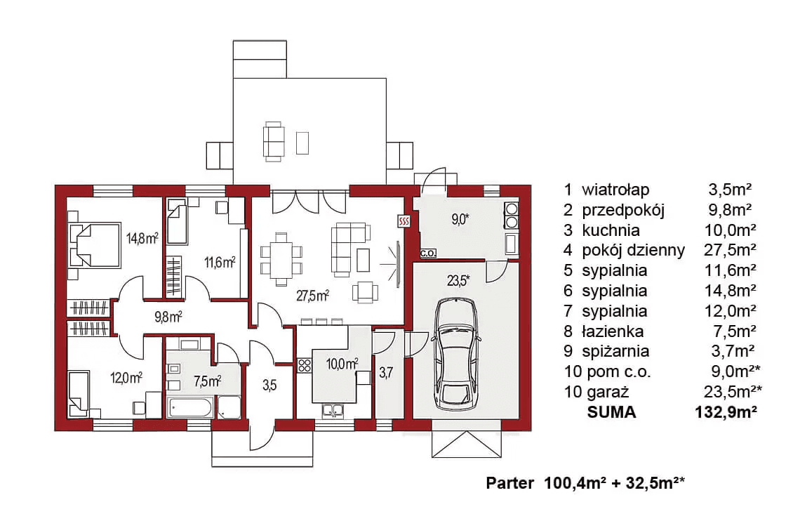 Rzut parteru domu jednorodzinnego Nina D Plus 37