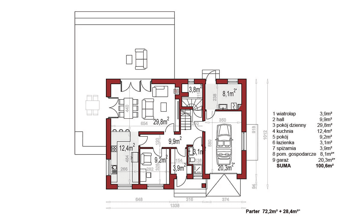 Rzut parteru domu jednorodzinnego Werbena Lux A