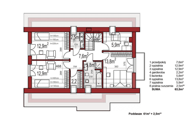 Rzut poddasza w porjekcie domu z poddaszem użytkowym Werbena a LUX